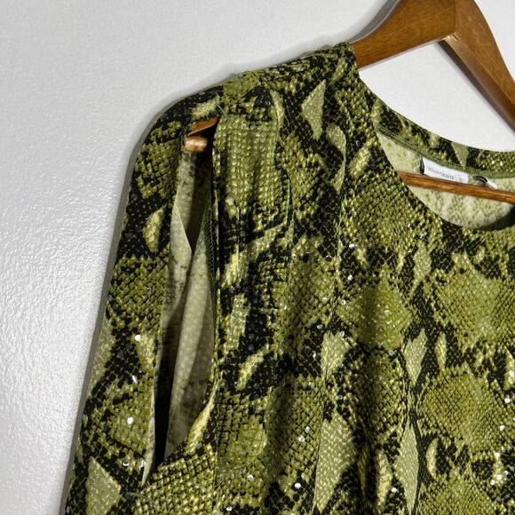 Susan Graver Green Snake Print Sequin Tunic Top Small Glam Animal Cold Shoulder - Picture 3 of 8